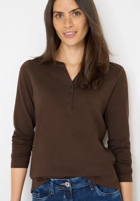 Split Neck Langarmshirt chocolate mousse