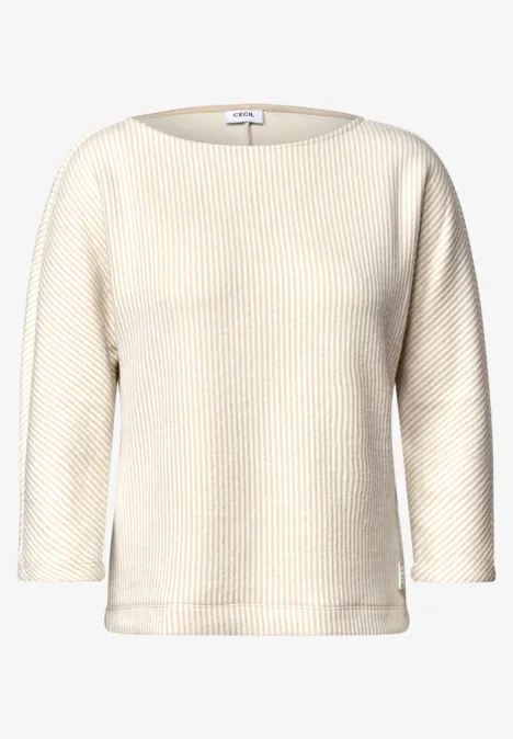Beige geribde trui met driekwartmouwen en ronde hals