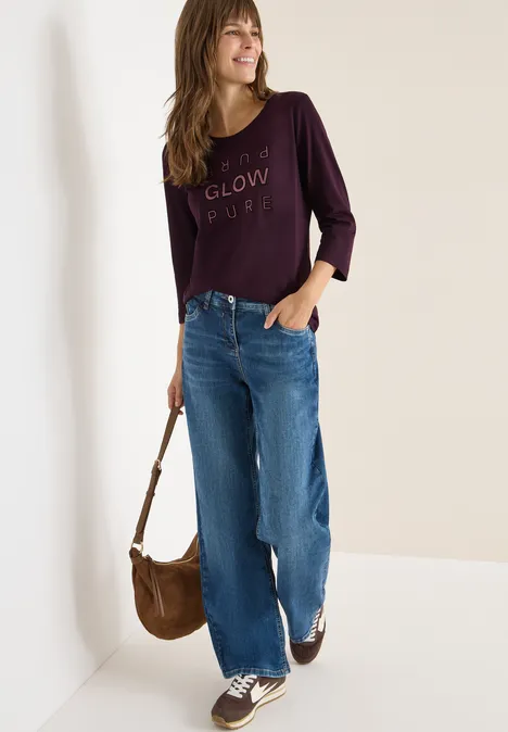 Shirt met glitter tekst eggplant red