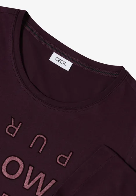 Shirt met glitter tekst eggplant red