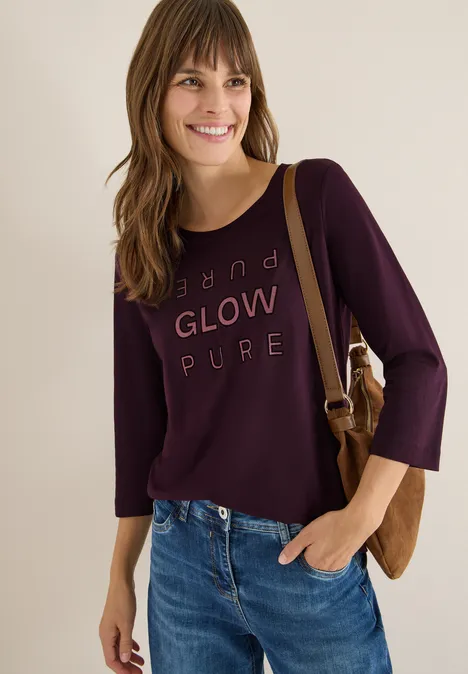 Shirt met glitter tekst eggplant red