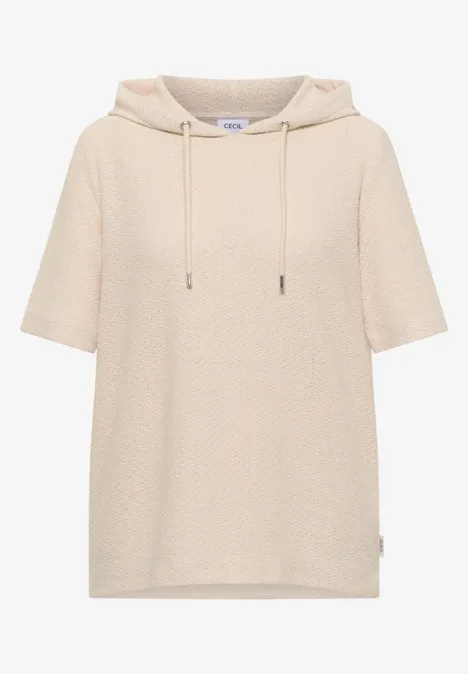 Beige korte mouw hoodie met capuchon, comfortabele pasvorm en verstelbaar trekkoord.