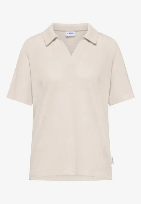 Lichtbeige poloshirt met korte mouwen, V-hals en subtiele kraag.