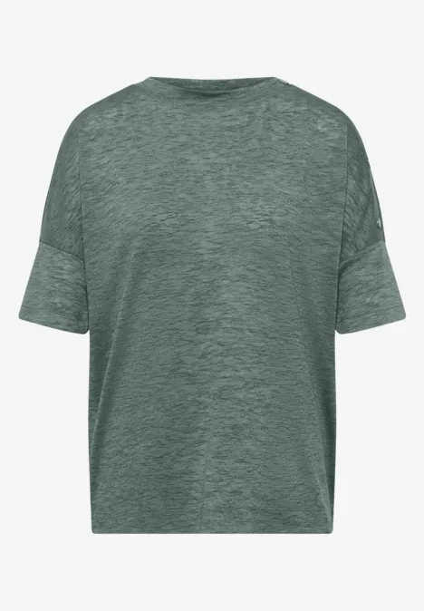 Losvallend gemêleerd T-shirt in grijsgroen met korte mouwen en ronde hals.