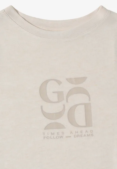 Beiges T-Shirt mit dezent tonalem Grafik-Logo und Schriftzug.