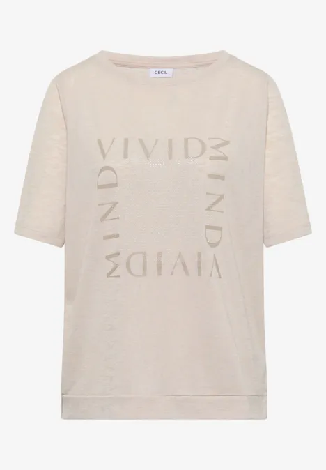 Beige T-shirt met korte mouwen en subtiele opdruk 'VIVID MIND' op de voorkant.