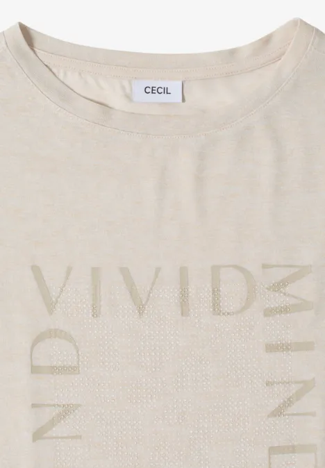 Lichtbeige T-shirt met ronde hals en subtiele, tonale opdruk 'VIVID MIND' in minimalistische stijl.
