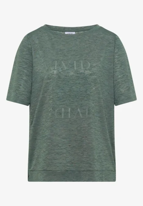 Groen T-shirt met korte mouwen, gemêleerd patroon en subtiele print voorop.