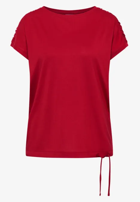 Kurzarm Shirt mit Boatneck und Raffung tamarillo red Rotes T-Shirt mit kurzen Ärmeln und seitlicher Bindeschleife am Saum.