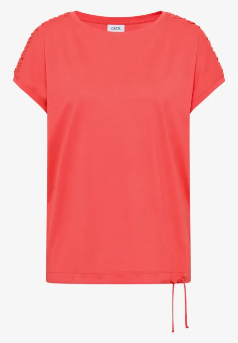 Kurzarm Shirt mit Boatneck und Raffung shiny coral Korallfarbenes Damen-T-Shirt mit Kurzarm, Rundhalsausschnitt und seitlicher Kordel am Saum.