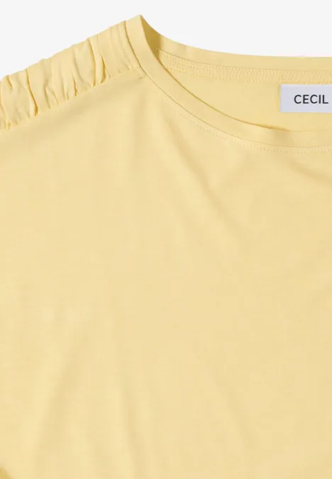 Gelbes T-Shirt-Oberteil mit gerafften Schultern und rundem Halsausschnitt, Marke CECIL.