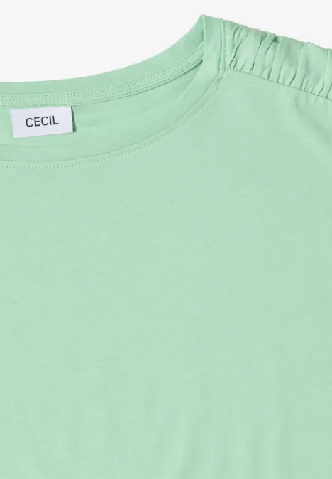 Hellgrünes T-Shirt mit Rundhalsausschnitt, Raffung an der Schulter und Markenlabel 'CECIL' im Nacken
