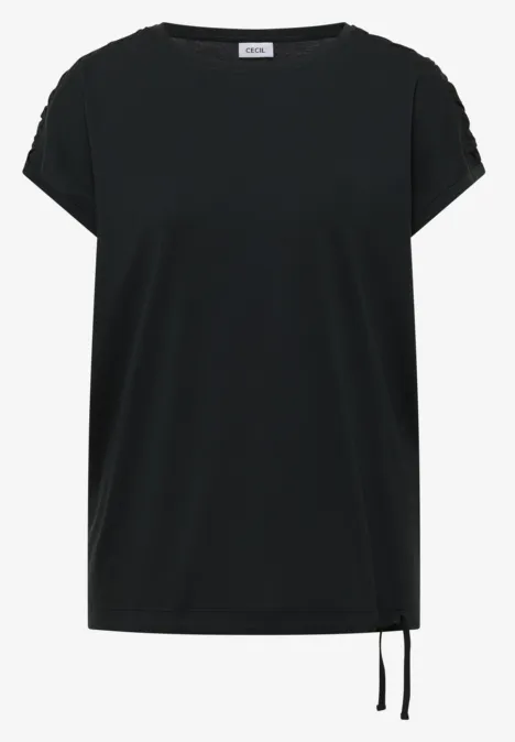 Zwart T-shirt met korte mouwen, ronde hals en zijstrikkoord.