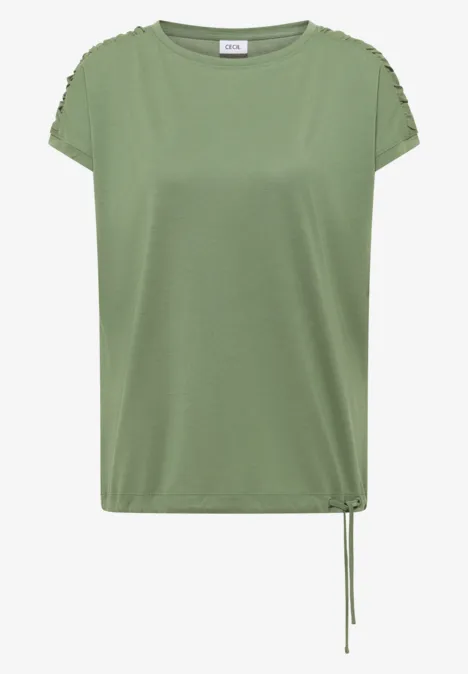 Kurzarm Shirt mit Boatneck und Raffung deep matcha green Kurzärmeliges, olivgrünes Shirt mit Rundhalsausschnitt und seitlicher Kordel am Saum.