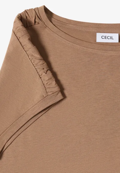 Kurzarm Shirt mit Boatneck und Raffung creamy mocha Braunes T-Shirt mit Rüschen am Ärmel und CECIL-Label