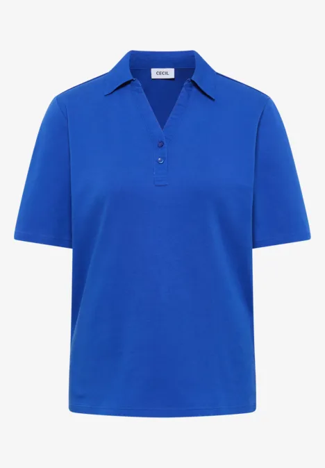 Ein schlichtes, königsblaues Kurzarm-Poloshirt mit Kragen und Knopfleiste.