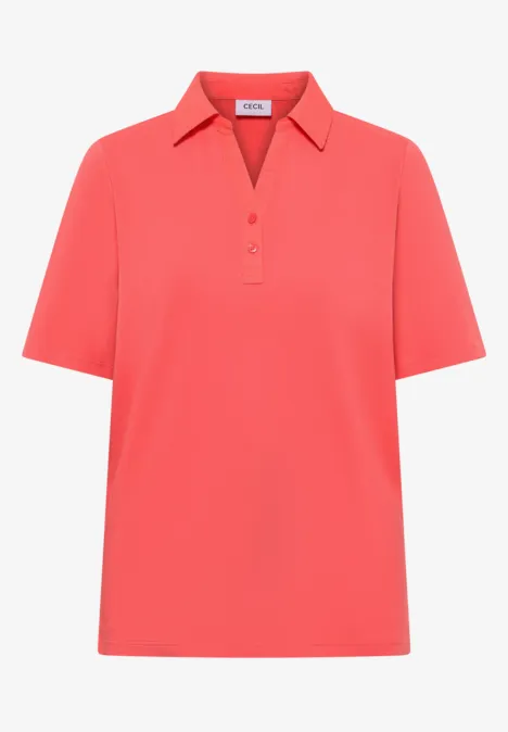Korallfarbenes kurzärmeliges Poloshirt mit Knopfleiste und klassischem Kragen.