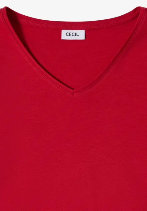 Rotes V-Neck-Shirt mit kurzem Arm und Markenlabel 'Cecil'.