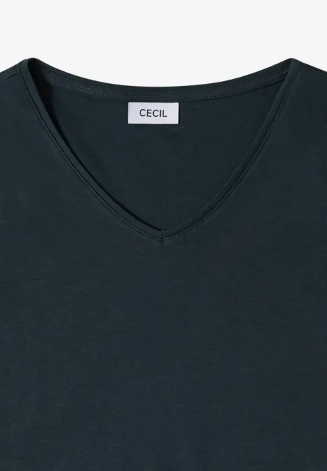Dunkelgrünes V-Neck-Shirt mit CECIL-Label.