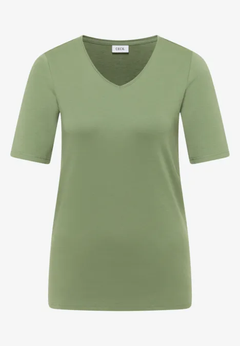 Basic T-Shirt aus Baumwolle deep matcha green Ein schlichtes, olivegrünes T-Shirt mit V-Ausschnitt und kurzen Ärmeln.