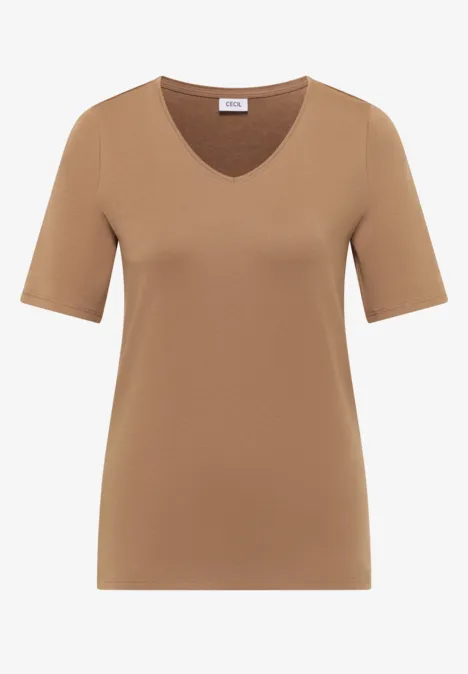 Basic T-Shirt aus Baumwolle creamy mocha Schlichtes, kurzärmliges T-Shirt in Braun mit V-Ausschnitt.