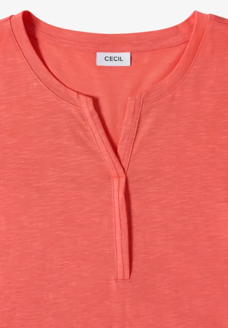 Basic Shirt im Tunika-Look shiny coral Korallenrotes Damen-Shirt mit kleinem V-Ausschnitt und CECIL-Label