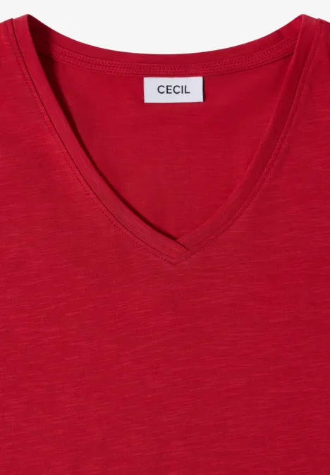 Rotes V-Ausschnitt-Shirt mit Markenetikett CECIL.