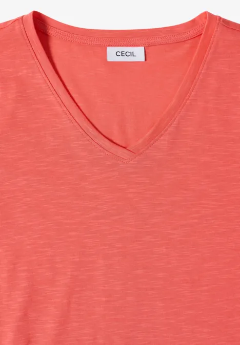 Coralfarbenes V-Ausschnitt-Shirt mit Markenetikett 'CECIL'