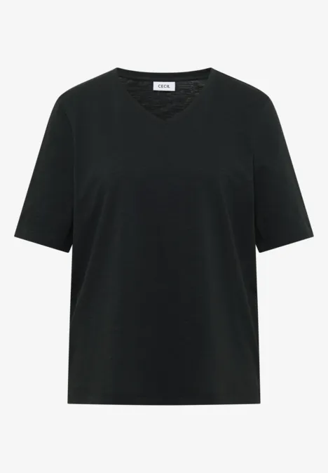 Schwarzes T-Shirt mit V-Ausschnitt und kurzen Ärmeln.