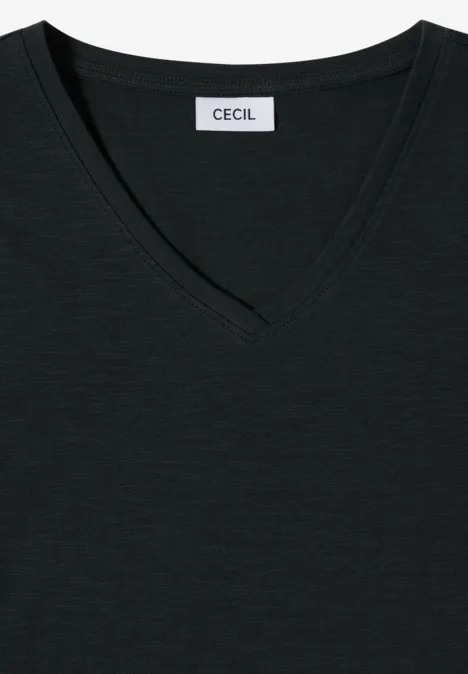 Schwarzes V-Neck-Shirt mit kurzem Ärmel und "Cecil"-Etikett am Nacken.