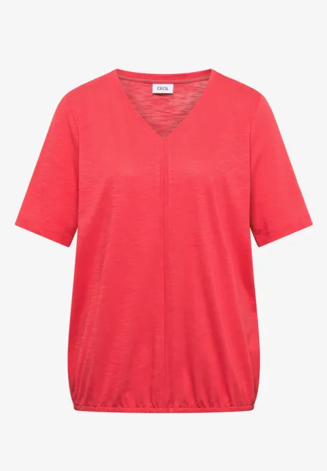Rotes Damen-T-Shirt mit V-Ausschnitt, kurzen Ärmeln und leicht elastischem Bund.