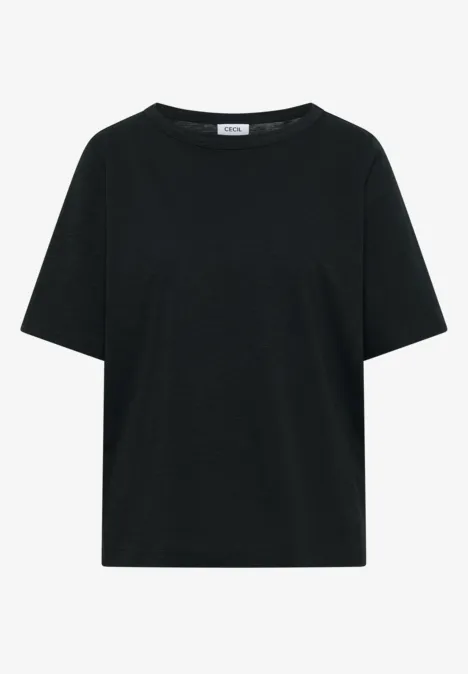 Schwarzes kurzärmeliges T-Shirt mit Rundhalsausschnitt.