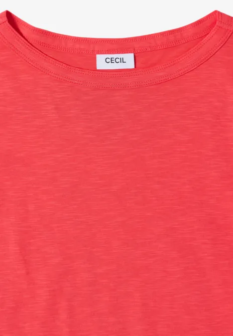 Rotes, meliertes T-Shirt mit Rundhalsausschnitt und sichtbarem weißen Namenslabel 'CECIL'.