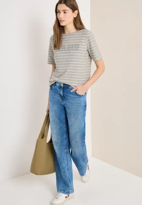 Steifen-Shirt mit Wording milky grey melange