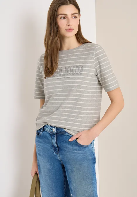 Steifen-Shirt mit Wording milky grey melange