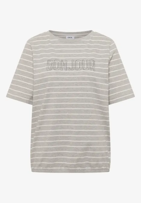 Steifen-Shirt mit Wording milky grey melange