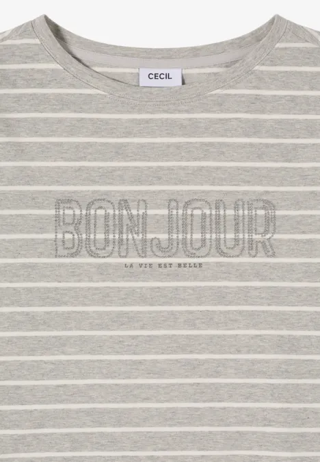 Steifen-Shirt mit Wording milky grey melange