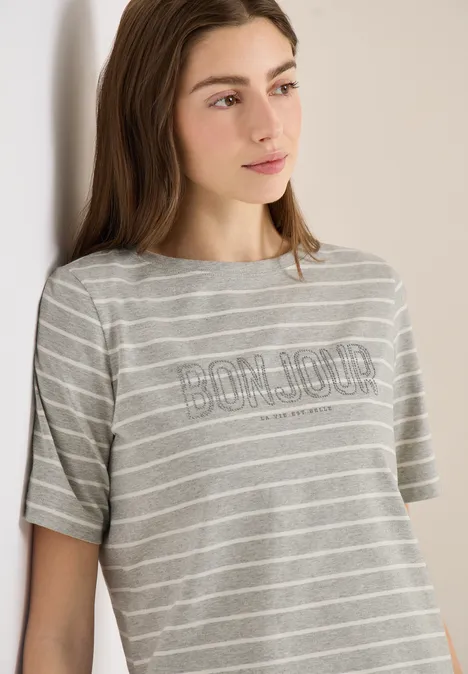 Steifen-Shirt mit Wording milky grey melange