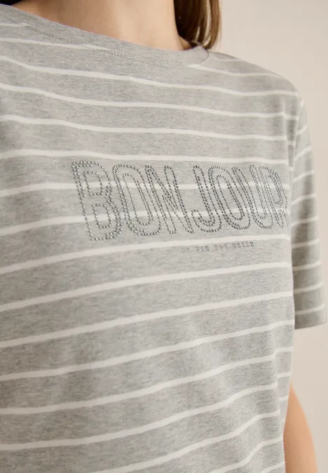Steifen-Shirt mit Wording milky grey melange