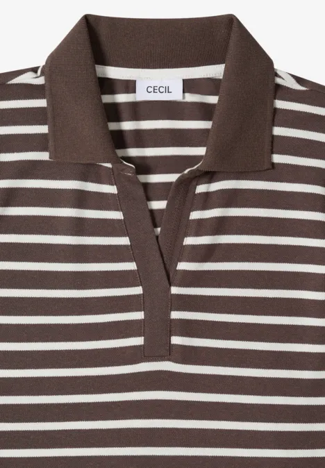 Braun-weiß gestreiftes Poloshirt mit kurzem Kragen und Knopfleiste.