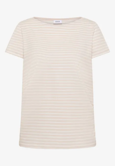 Schlichtes, beige-weiß gestreiftes T-Shirt mit Rundhalsausschnitt und kurzen Ärmeln.