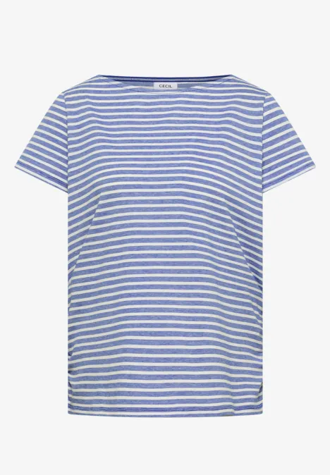 Hellblau-weiß gestreiftes Kurzarmshirt mit Rundhalsausschnitt.