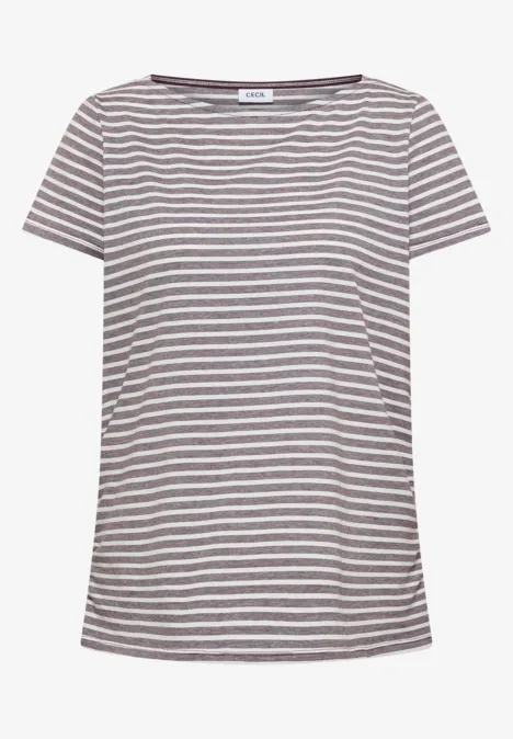 Grijs-wit gestreept T-shirt met korte mouwen en ronde hals.