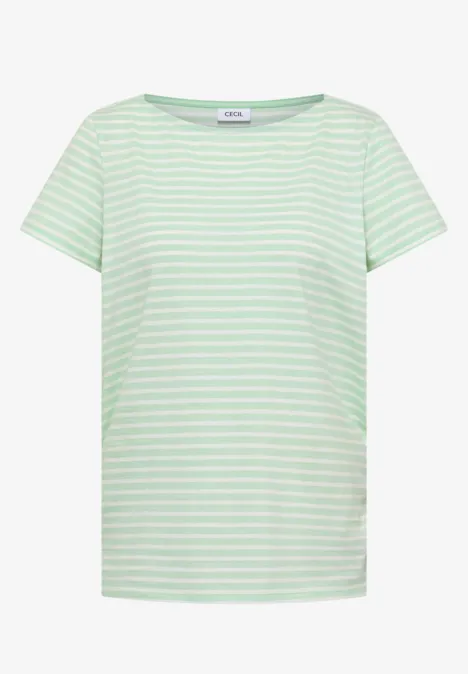 T-shirt vert menthe à fines rayures blanches, manches courtes, vu de face.