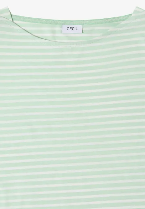 T-shirt à col rond rayé vert menthe et blanc, manches courtes, marque Cecil
