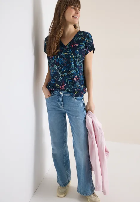 T-shirt avec col en V et imprimé floral universal blue