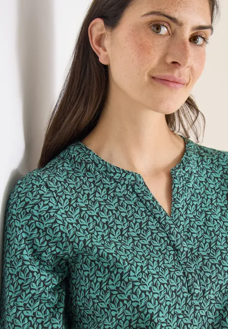 Shirt met gespleten hals en print raw khaki