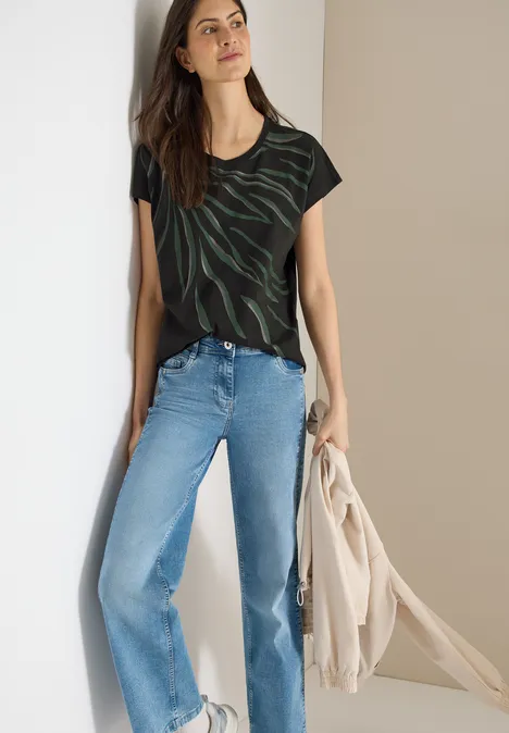 Shirt met ronde hals en frontprint raw khaki