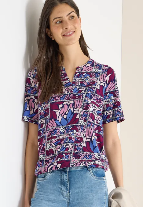Shirt met korte mouwen, gespleten hals en print deep plum