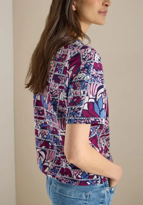 Shirt met korte mouwen, gespleten hals en print deep plum